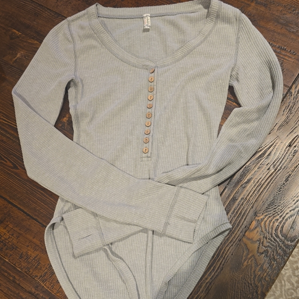 Free People Intimately Gray Ribbed Button-Up Bodysuit - Picture 3 of 4